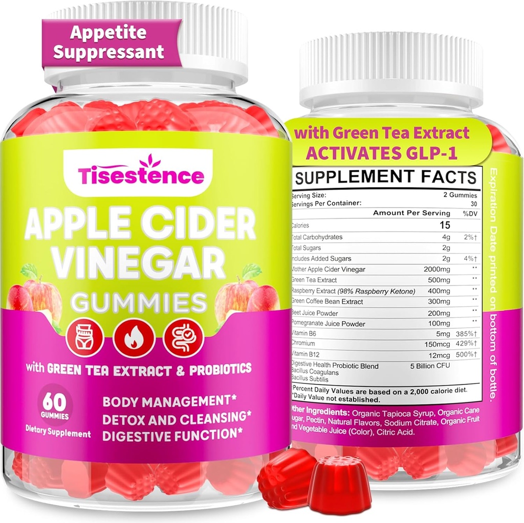 Appetite Suppressant Supplement| Supports GLP-1 Function| Apple Cider Vinegar Gummies with Green Tea Extract, Probiotic for Fat Burner, Detox Cleanse, Metabolism, Energy & Digestive Health, 60 Gummies