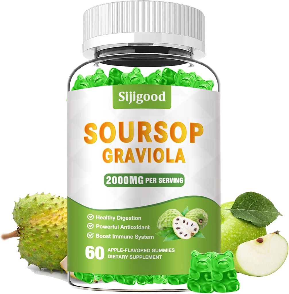 Sugar Free Soursop Graviola Gummi - Bio Soursop Blätter & Obst Extrakt - Verdauungshilfe, Immununterstützung & Antioxidans Eigenschaften - 60 Apple Flavored Gummis