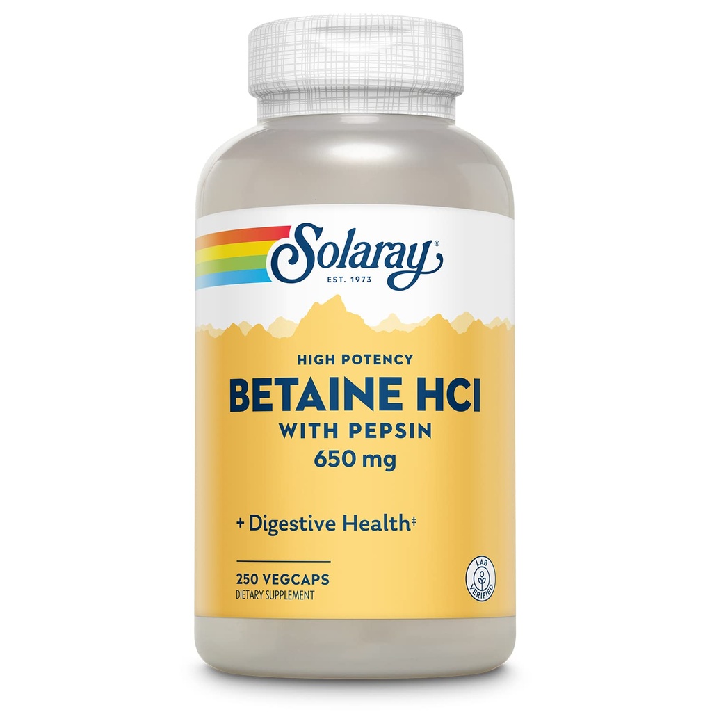 Solaray High Potency Betaine HCL mit Pepsin - Salzsäure-Ergänzung für die Verdauung - mit Betaine Hydrochlorid und Verdauungsenzymen - Gut Health Support - 60-Day Garantie, 250 VegCaps