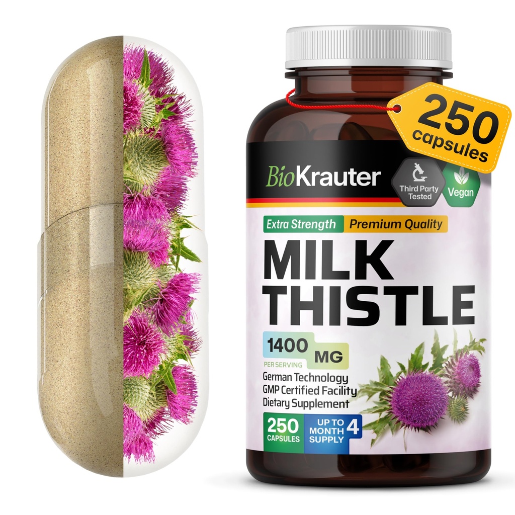 BIO KRAUTER® Supplément de chardon de lait pour le nettoyage du foie et la désintoxication - Extrait de chardon de lait végane pur 1400 mg par portion