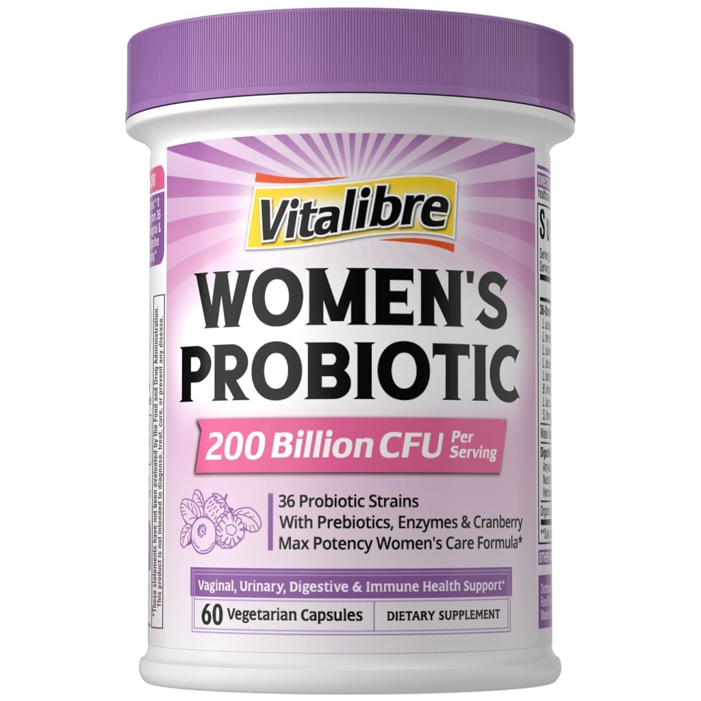 Vitalibre Probiotics for Women 200 Billion CFU, 36 Unique Strains, with Cranberry Prebiotics & Digestive Enzymes, High Potency Vaginal Probiotics, Full-Spectrum Gut Health, 60 Vegan Capsules