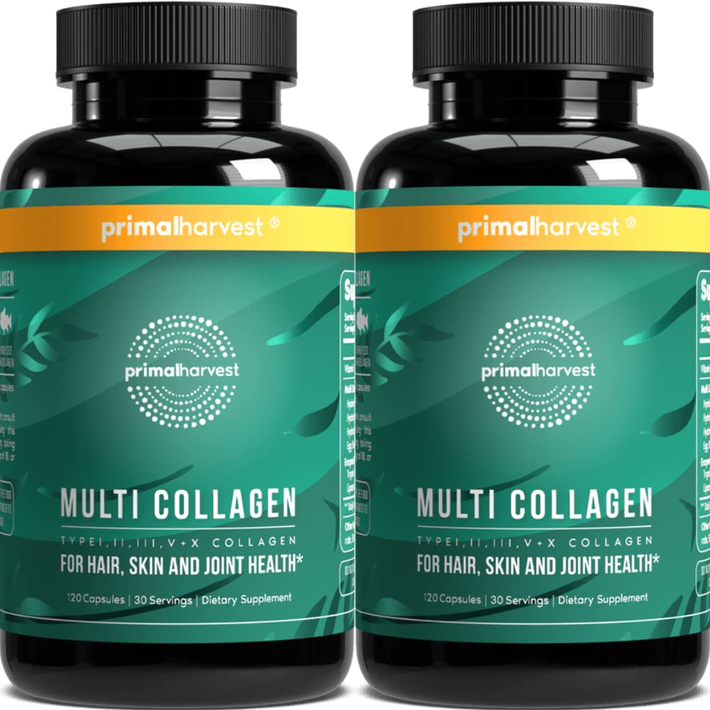Primal Harvest 2 Pack, Multi Collagen Pillen für Frauen und Männer (Typ I, II, III, V, X) Collagen Ergänzungen für Frauen und Männer, 120 Kapseln w/Vitamin C für Haar, Haut, Nails Collagen Peptide Pillen
