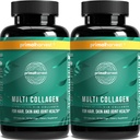 Primal Harvest 2 Pack, pilules multicollagènes pour les femmes et les hommes (Type I, II, III, V, X) Suppléments collagènes pour les femmes et les hommes, 120 Capsules avec/Vitamine C pour les cheveux, la peau, les ongles Collagen Peptides