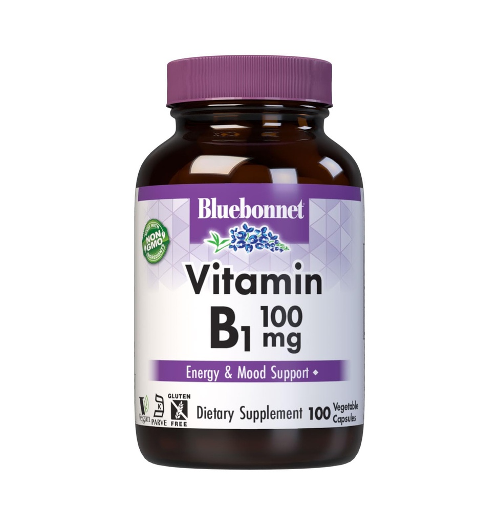Bluebonnet Vitamine B1 100 mg - Vitamines de soutien et d'énergie de l'humeur pour les femmes et les hommes* - HCl de Thiamin - Non-OGM, végétalien, kosher, sans gluten - Sans soja et sans lait - 100 capsules végétales, 100 jours d'approvisionnement