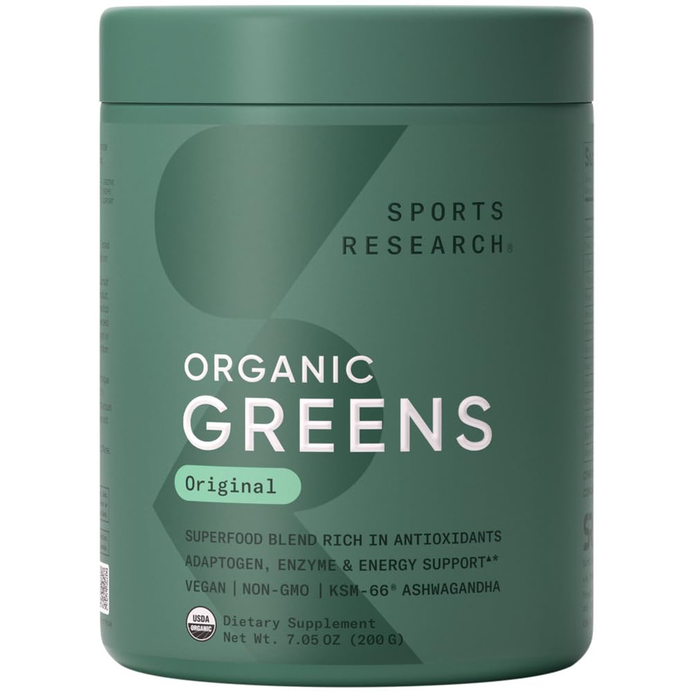 Sports Research® Greens Bio Superfood Poudre avec/Spiruline et Chlorella, Adaptogènes, Enzymes, Probiotiques et 8 VIT B pour Gut & Mood Support* - Vegan, sans sucre et à faible teneur en calcium 20 portions originales