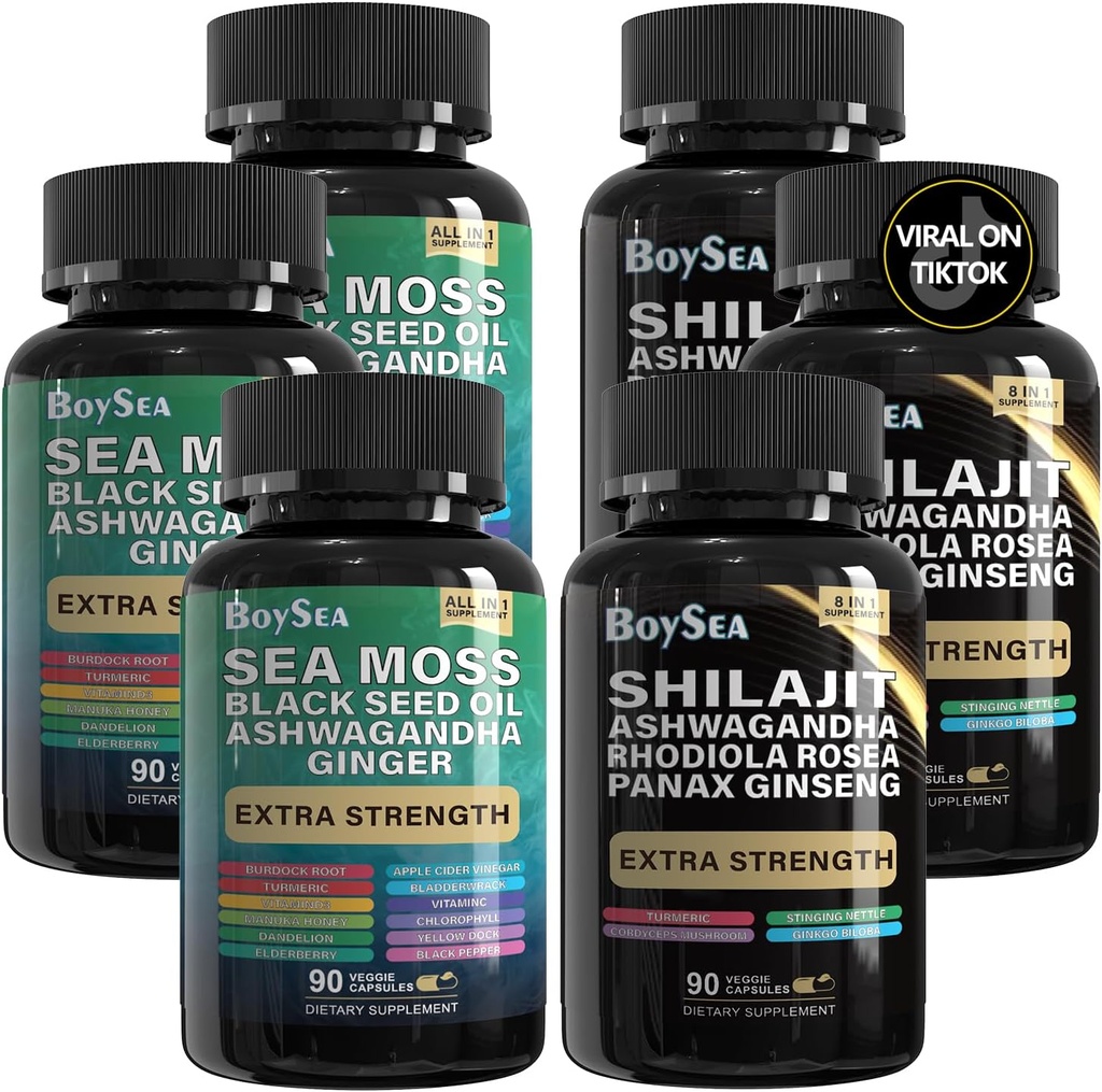 Boysea. Shilajit und Sea Moss Bundle- 90 Count - Sea Moss, Black Seed Oil, Ashwagandha, Ginger & Shilajit, Rhodiola Rosea, Alle in 1 Ergänzungen (3 Pc)