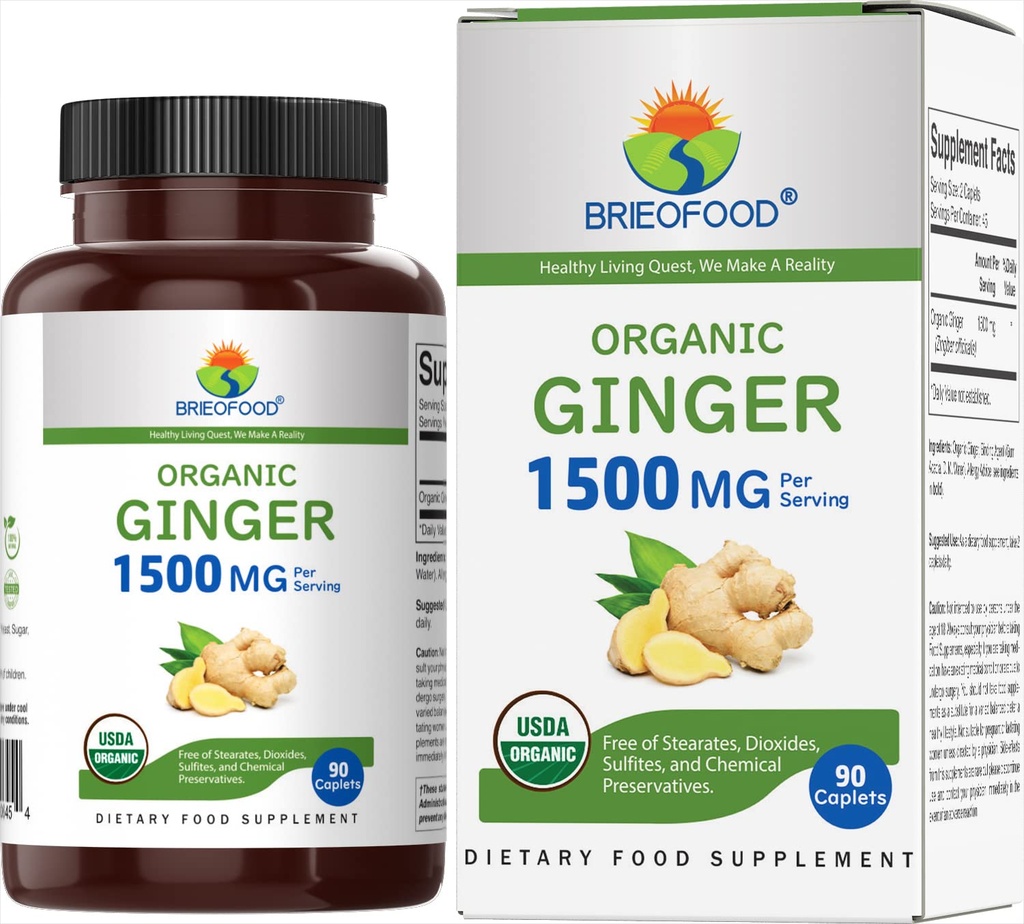 Brieofood Ginger bio 1500mg, 45 portions, végétarien, sans gluten, 90 comprimés végétariens