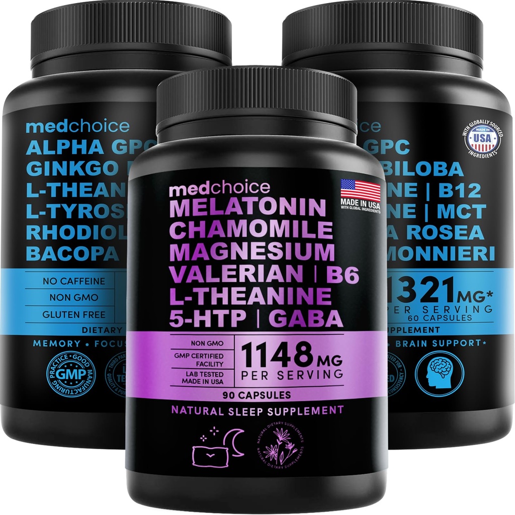 MEDCHOICE Sleep Melatonin (90ct) und Nootropic Brain (120ct) Supplement Bundle - Wellness Duo for Sleep, Brain, Focus, & Mood Support - Vegan, Non-GMO, Gluten-Free