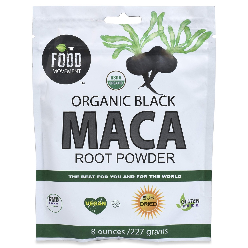 The Food Movement Co. Black Maca 8 oz Raw Food Powder - Organic, Non-GMO, Vegan, Gluten Free- Black Maca Root Supplement für Ganzkörper-Wellness