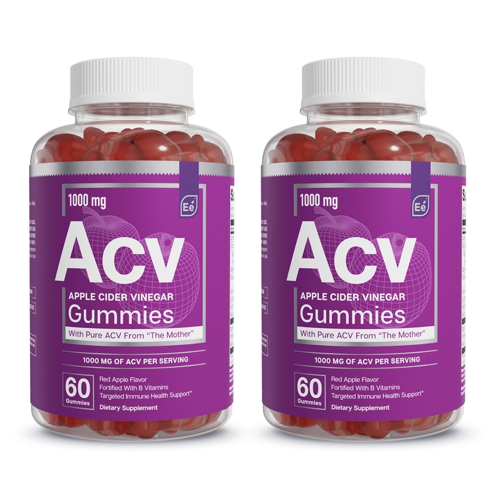 Essential Elements Apple Cider Vinegar Gummies from The Mother - Naturally-Sourced, Vegan ACV with Folic Acid and Vitamin B6 & B12 (2 Pack)
