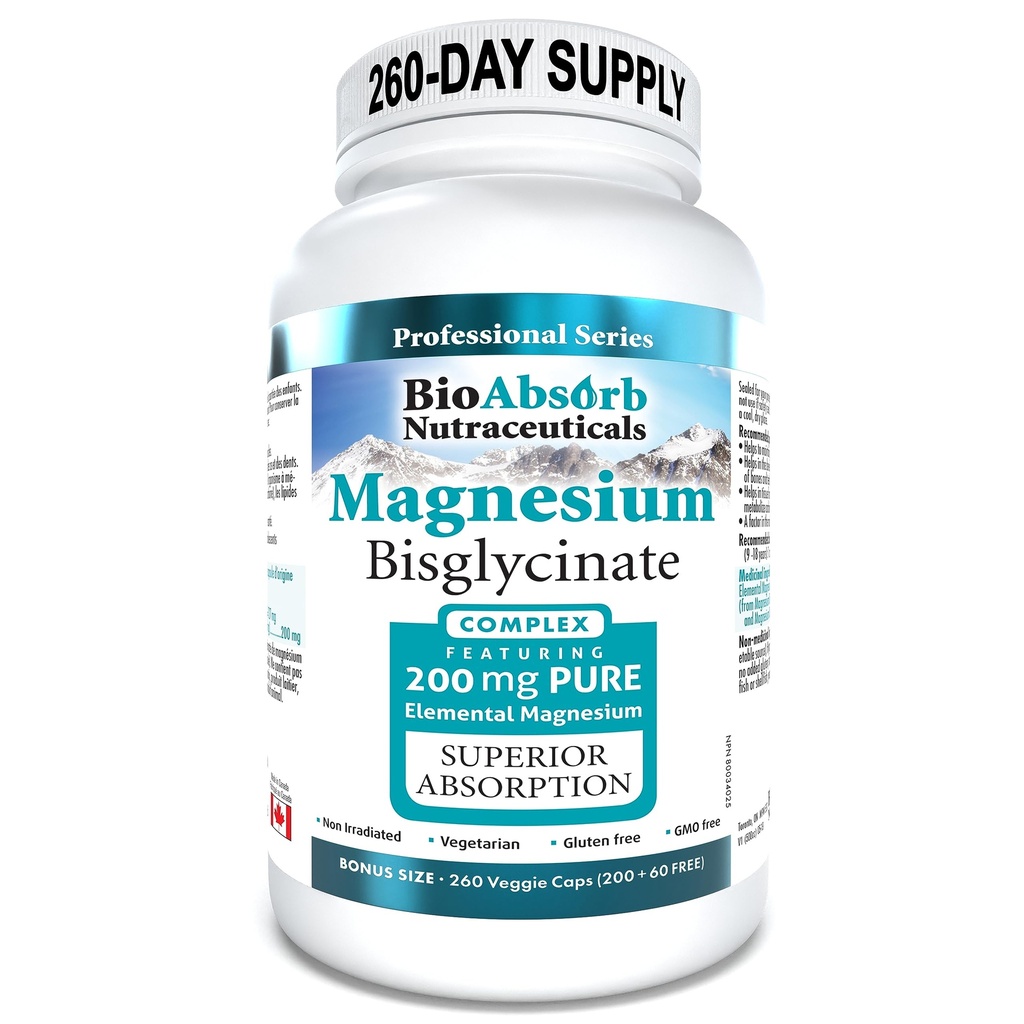 Bio Absorb Magnesium Glycinate/Bisglycinate Supplement. 200mg of Chelated Elemental Magnesium. 260 Vegan Capsules (260-Day Supply)