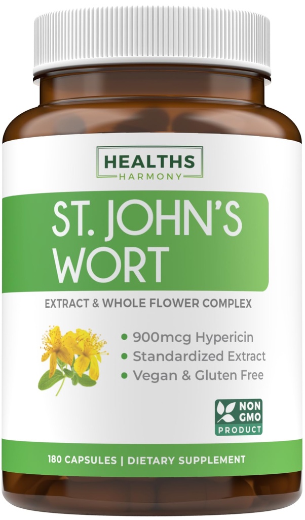 St John's Wort Capsules - Powerful & Potent Saint John's Wort Extract & Whole Herb Complex Standardisé à 900mcg Hypericine pour équilibrer le soutien quotidien de l'humeur - Vegan Non-OGM & Lab Vérifié (180 capsules)