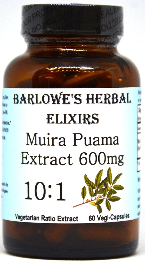 Barlowe's Kräuter Elixier Muira Puama 10:1 Extrakt | 600mg pro Kapsel | Traditionelle männliche Vitalitätsergänzung | 60 Vegan Kapseln | Stearatefrei, Non-GMO, verpackt in Glasflasche