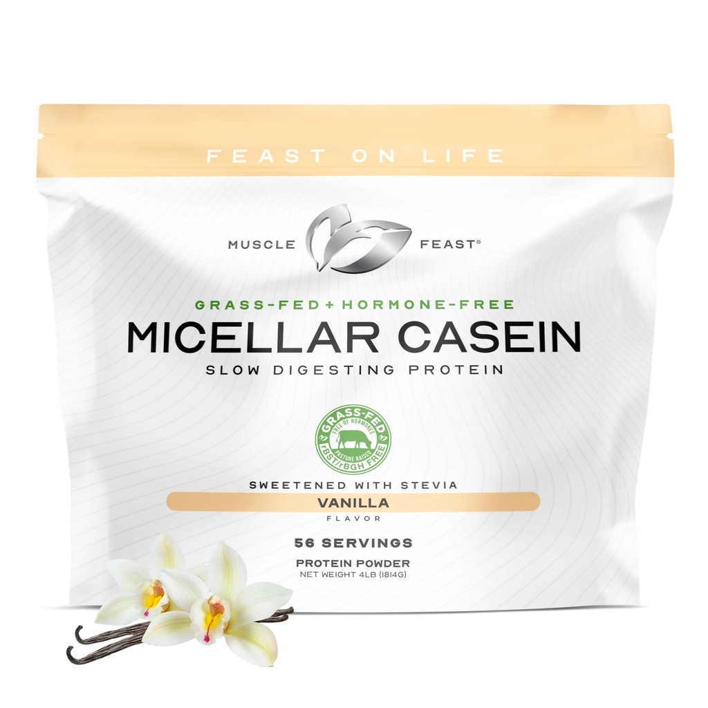 Muscle Feast Grass Fed Micellar Casein Protein Powder, Weide Raised & Hormone Free, Slow Digesting Casein Protein - Unterstützt Overnight Muscle Recovery, Gluten Free Protein Powder - Vanilla, 4lb