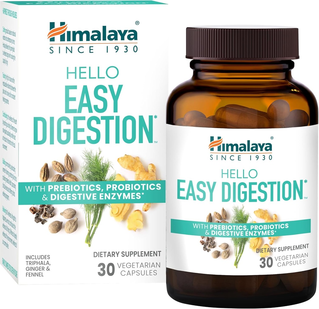 Himalaya Hallo einfache Verdauung, Verdauungsenzyme mit 2 Billion CFU Probiotics und Prebiotics, Plus 100 mg Kräuter Verdauungshilfe mit Ingwer, Fennel & Triphala, 30 vegetarische Kapseln