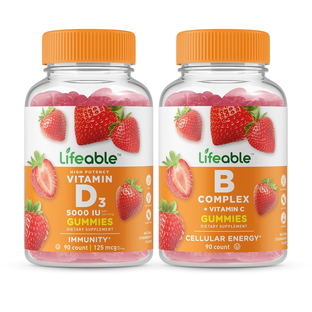 Vitamine vivante D 5000 UI + B complexe, Gummies - Grande dégustation, supplément de vitamine, sans gluten, sans OGM, gummy à croquer
