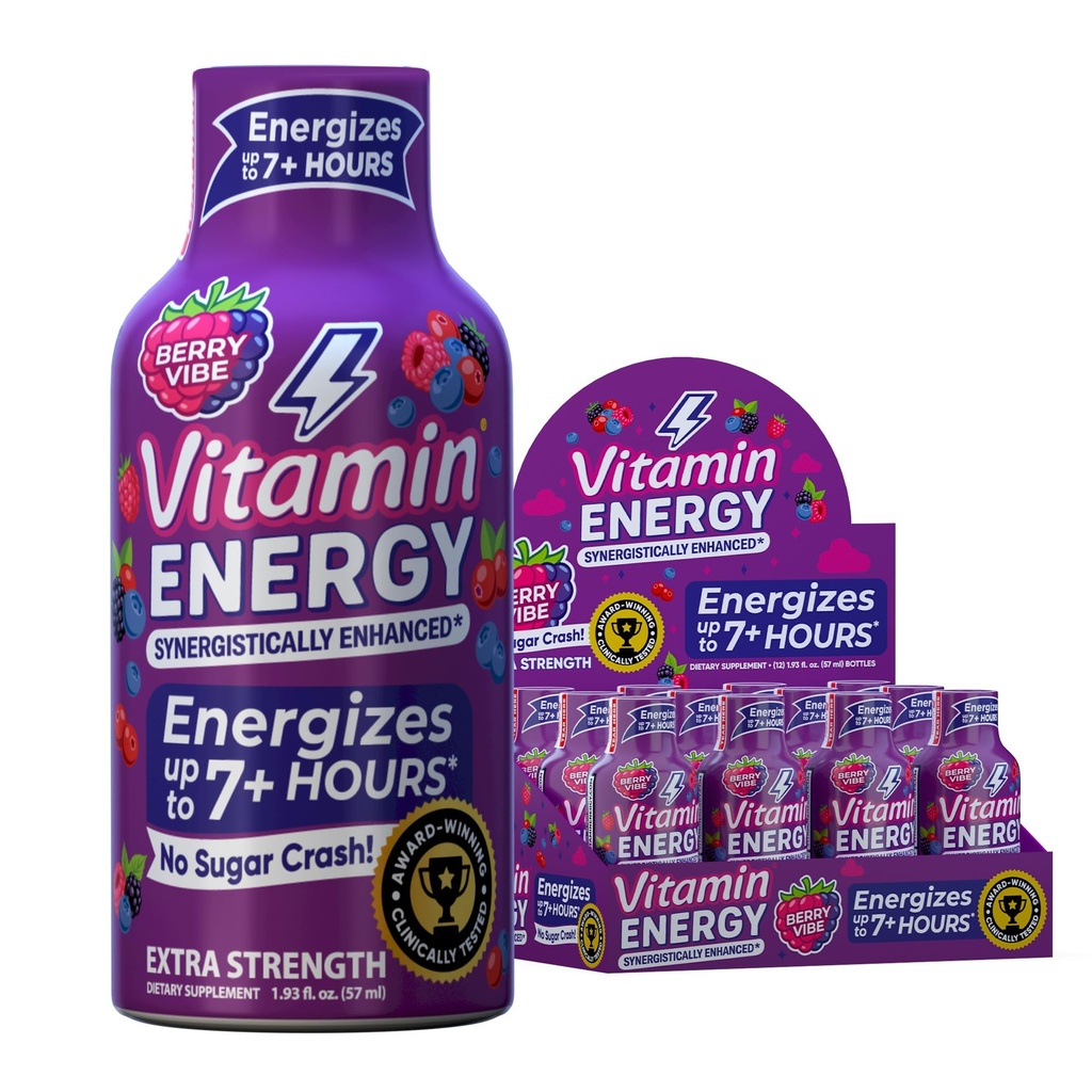 Vitamin Energy Mood+ Extra Strength Energy Shot Tropical Berry 12 Pack, 260mg Natural Caffeine, B-Vitamine, Rhodiola, Kamille, Mood & Energy Support, Zero Sugar, Gluten-Free, Vegan, 1,93 fl oz