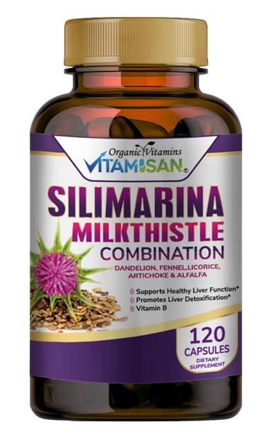 VITAMISAN Milk Thistle Silimarina mit Dandelion, Fennel. Licorice, Artichoke Alfalfa Detox & Cleansing Formula Support Liver 120 Kapseln