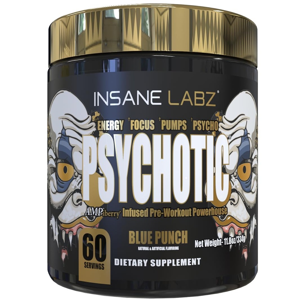 Insane Labz Psychotic Gold, High Stimulant Pre Workout Powder, Extreme Lasting Energy Focus, Pumpen und Ausdauer mit Beta Alanine, DMAE Bitartrate, NO Booster (60 Servierungen, Blue Punch)