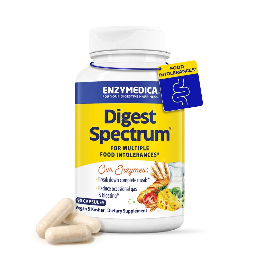 Enzymedica Digest Spectrum, Fortgeschrittene Verdauungsenzyme für Frauen und Männer, unterstützt Verdauungs- und Multiple-Food-Intoleranzen, Fast-Acting-Formel für Gas und Bloating Relief, 90 Kapseln