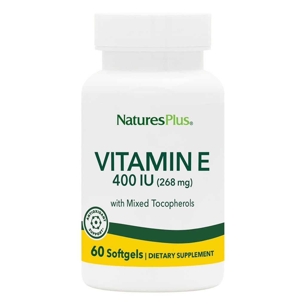 NaturesPlus Vitamin E - 400 iu Gemischtes D-Tocopherol, 60 Softgels - Einfach zu spülen Vitamin E Supplement, abgeleitet von natürlichem Sojaöl - Frei-Radische Verteidigung - Glutenfrei - 60 Servierungen