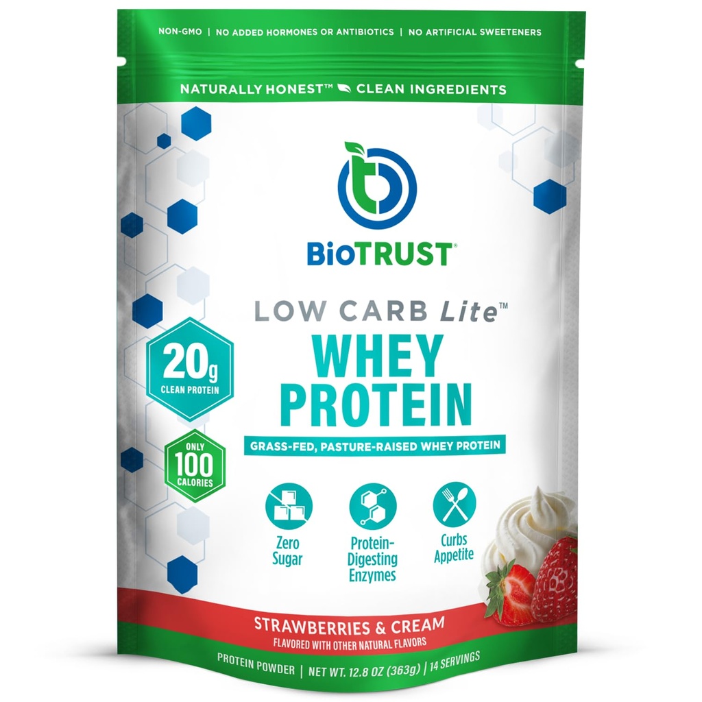 BioTrust Low Carb Lite, 20 Gramm Grass-Fed Whey Protein Isolate, 100 Kalorien, ProHydrolase Verdauungsenzyme, Non-GMO, frei von Soy und Gluten, rBGH-frei (14 Servierungen) (Strawberries und Creme)