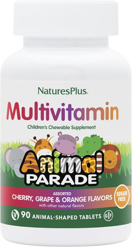 Natures Plus Animal Parade Sugar-Free Children's Multivitamin - Verschiedene Kirsche, Grape & Orange Flavors - 90 Chewable Tablets - 45 Gesamt Servietten
