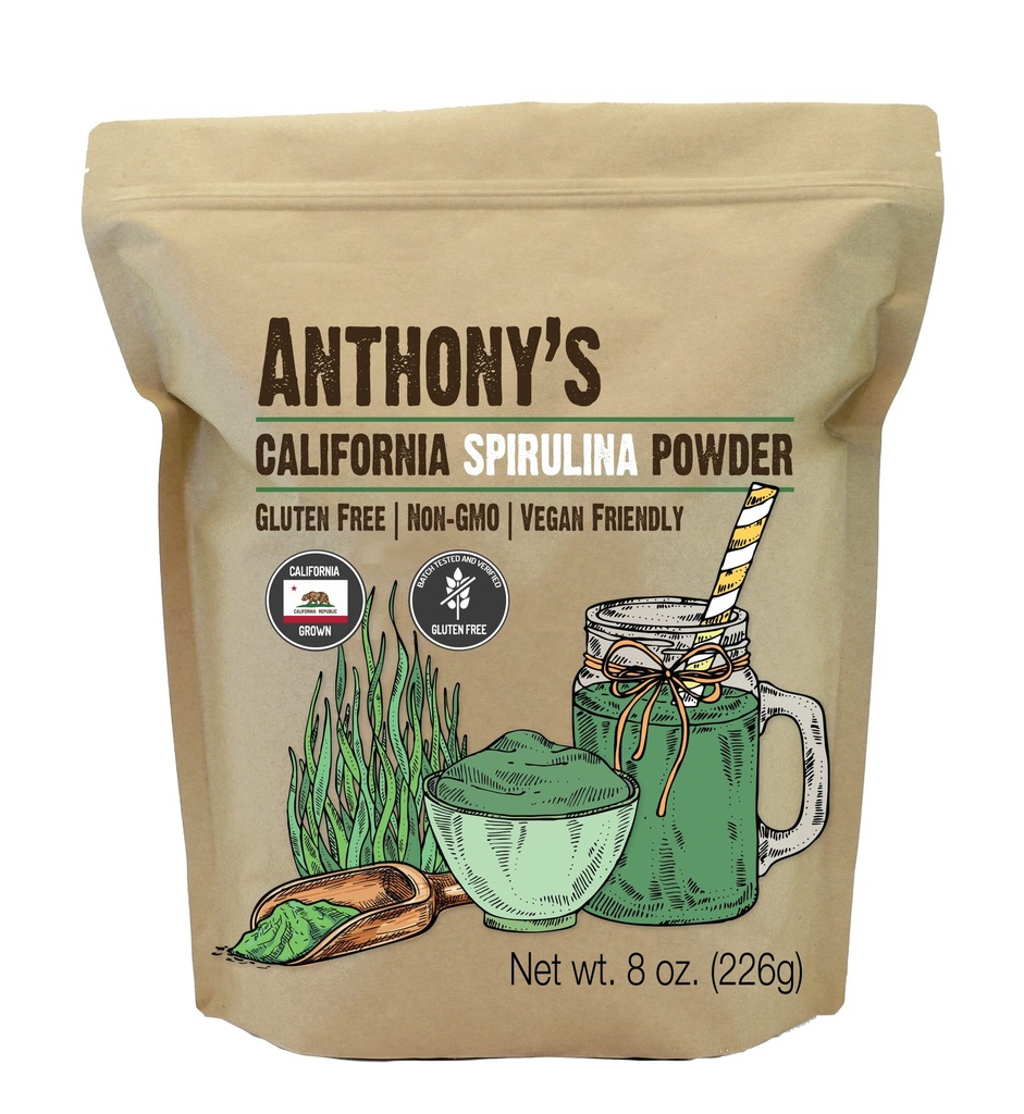La poudre de spiruline de Californie d'Anthony, 8 oz, produit des États-Unis, sans gluten, non OGM