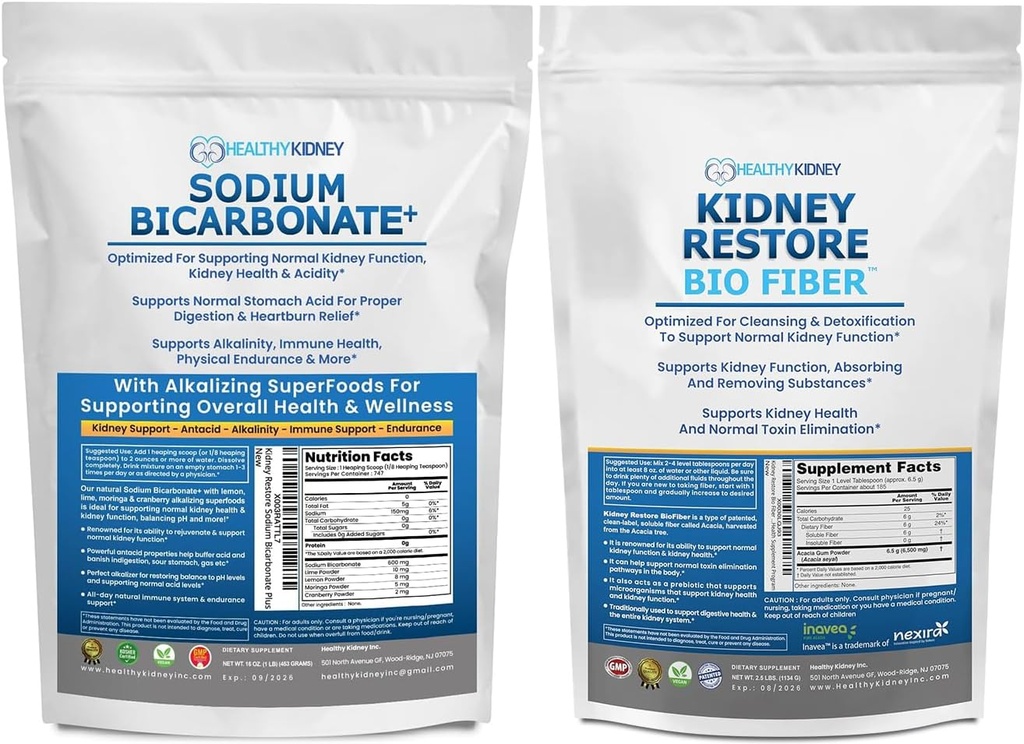 Bio Natriumbicarbonat Alkali-Ergänzung 1.5LB & Bio Fiber Kidney Cleanse Detox 2.5 LBS Bundle – unterstützt Nierengesundheit, Stomach Acid Neutralizer, Alkaline Superfoods, Immununterstützung, Detox