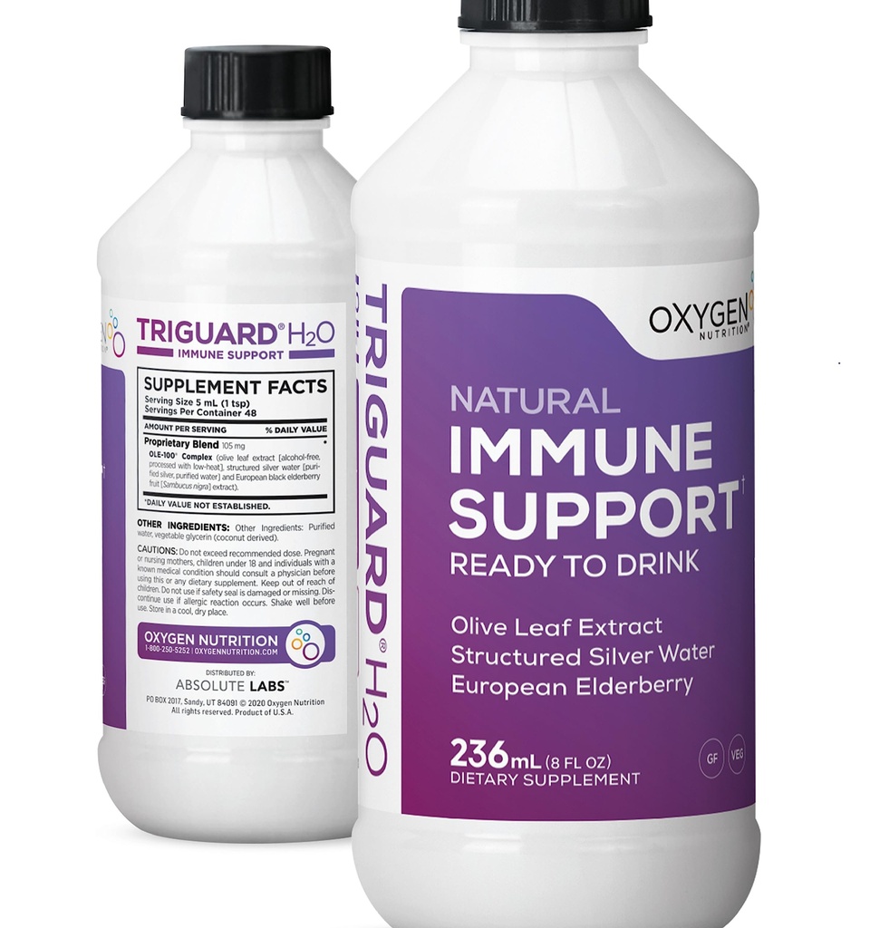 Triguard Plus Colloidal Silver Water, Sambucus Elderberry Extract & Olive Leaf Extract, 3-en-1 Liquid Immmune Support Prêt à boire