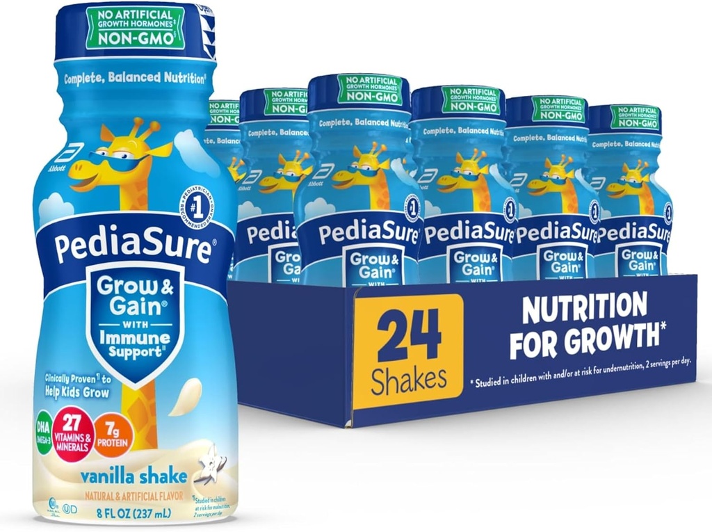 PediaSure Grow & Gain mit Immununterstützung, 27 Vitamine & Minerals für Kinder, 7g Protein, Non-GMO, Glutenfrei, Vanille, 8-fl-oz Flaschen, Packung mit 24