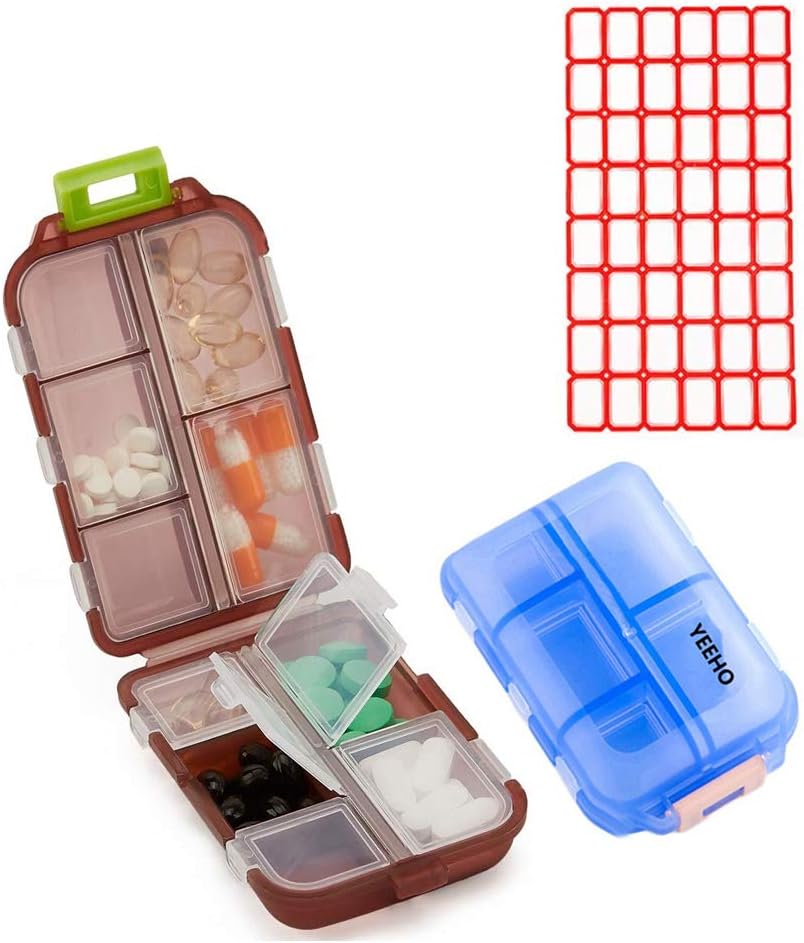 Pill Case (2 Pack) - Tragbare kleine Ergänzungen Tablet Container Box mit 10 Komponenten - Medizin Vitamin Organizer Dispenser Halter für Reise Trip Pocket Purse (Blue+Chocolate)