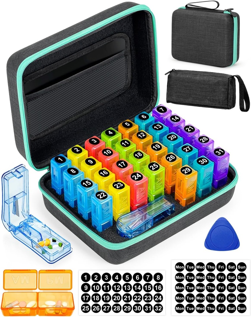 Organisateur mensuel de pilules 2 fois par jour, avec coquille dure portable, cutter à pilules, boîte de 31 jours, choix d'ouverture en plastique, stickers mensuels et hebdomadaires, gestion pratique des médicaments (2 fois par jour)