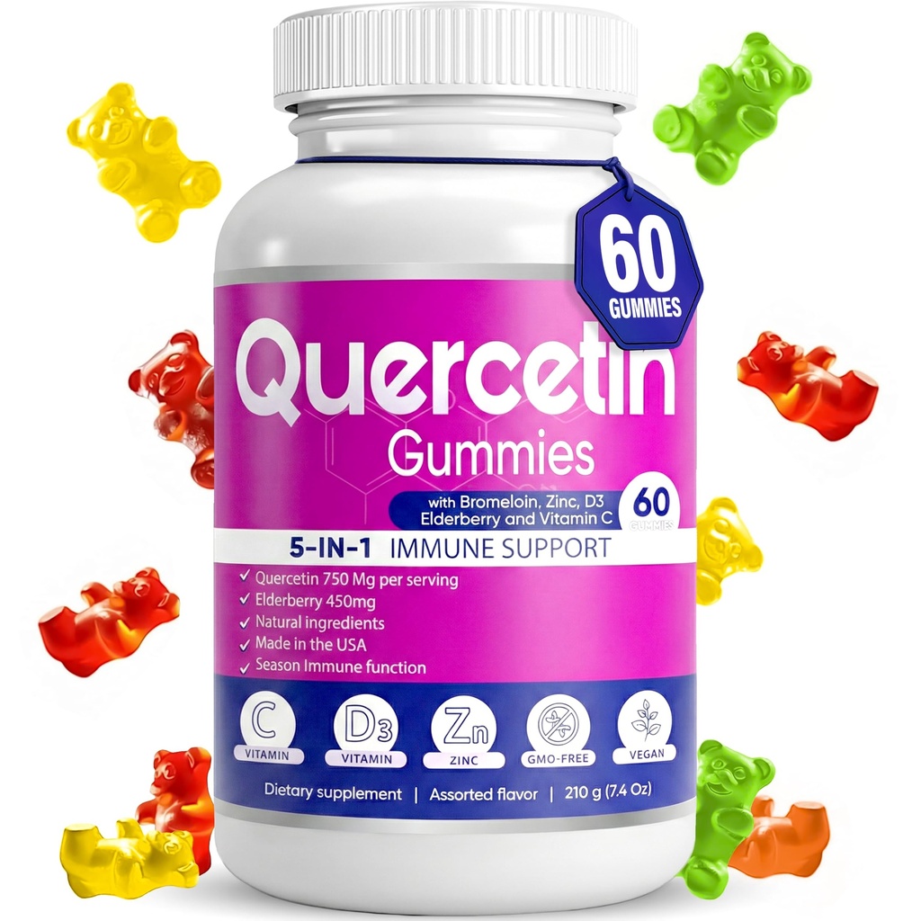 Quercetin Gummies von BioVitalica - Quercetin mit Bromelain Vitamin C und Zink & Elderberry + Vitamin D3-5 in 1 Immununterstützung - Zink Quercetin 750 mg für Kinder und Erwachsene (1)