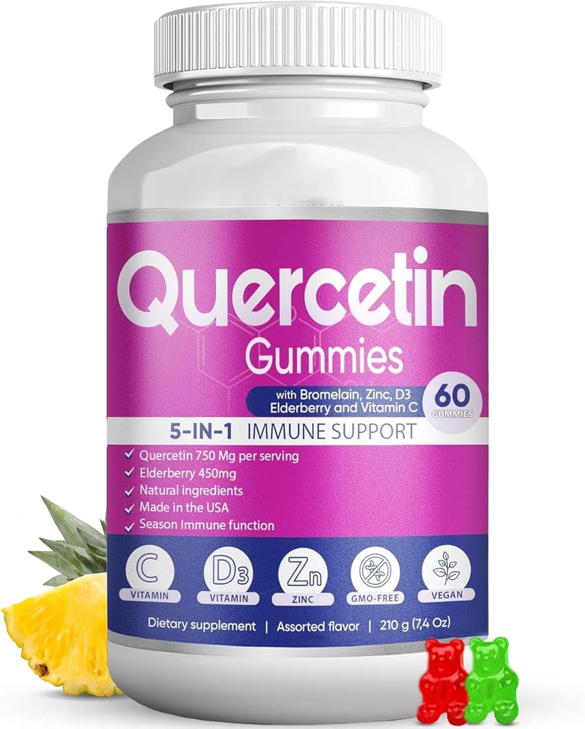 Quercetin Gummies von BioVitalica - Quercetin mit Bromelain Vitamin C und Zink & Elderberry + Vitamin D3-5 in 1 Immununterstützung - Zink Quercetin 750 mg für Kinder und Erwachsene (1)