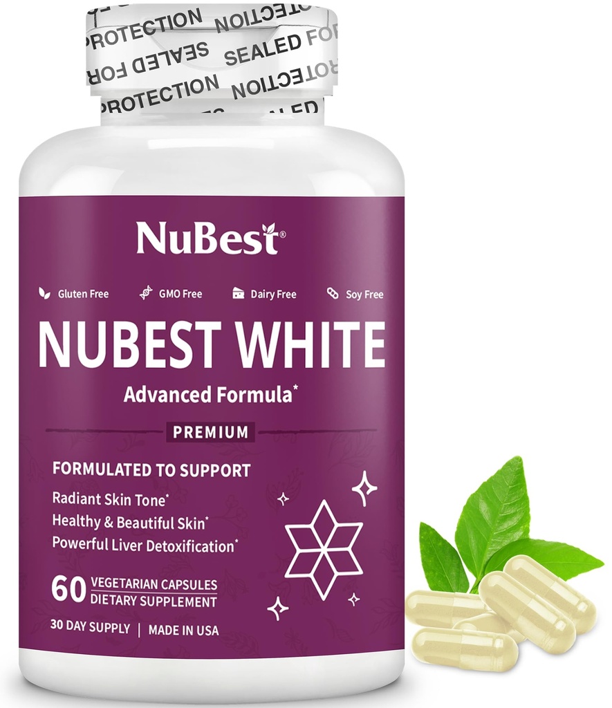 NuBest White - Glutathione 400mg & Milk Thistle Extract - Skin Brightening Supplement - Hilft schön und strahlend Haut - Antioxidans Supplement & Detoxification | 1 Monat Versorgung