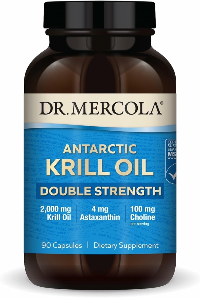 Dr Mercola Antarctic Krill Oil Double Strength - 2 000 mg - Supplément Oméga-3 avec EPA et DHA - Soutient la santé cérébrale, cardiaque, articulaire et immunitaire - Sans OGM et sans gluten - 90 capsules (30 portions)