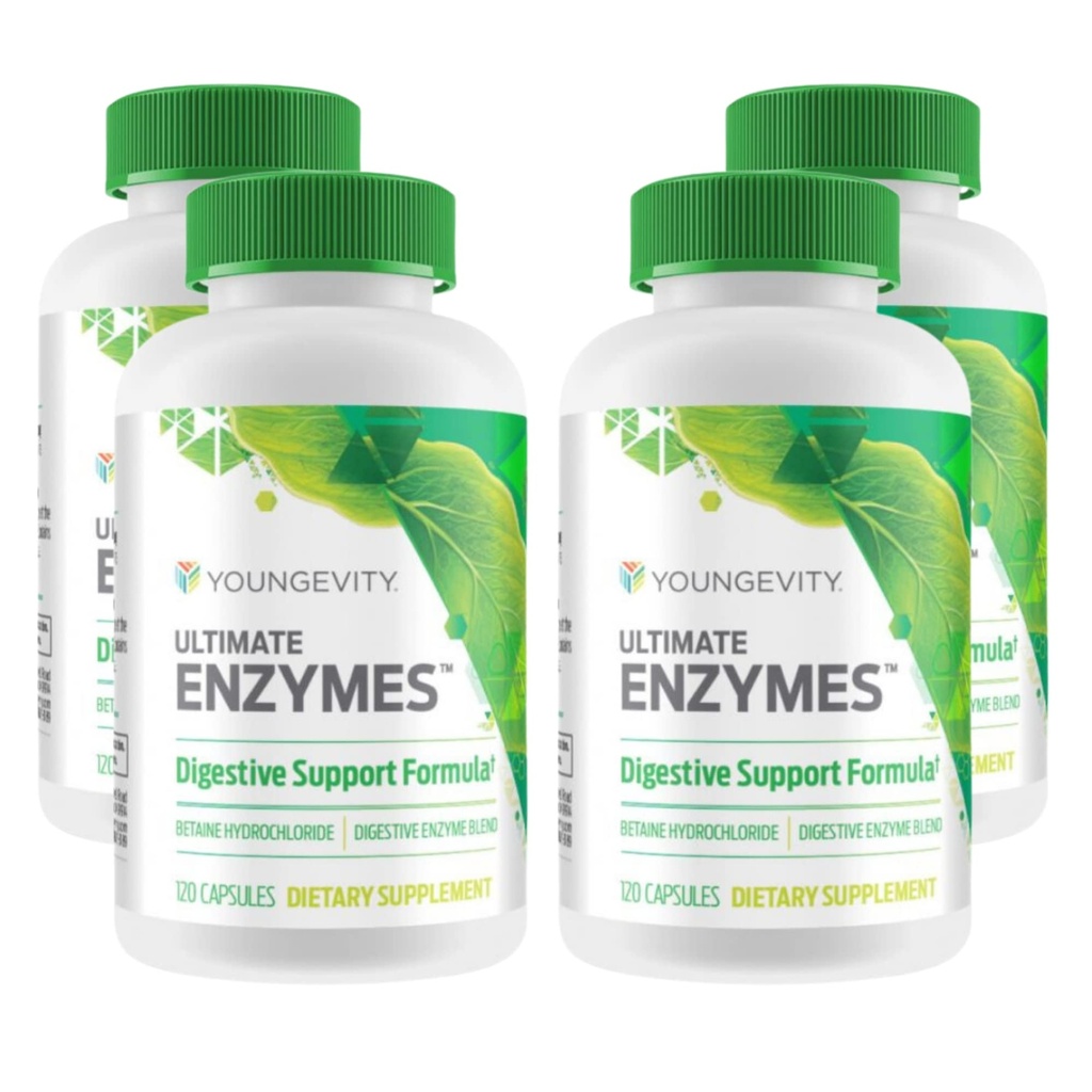 Youngevity Ultimate Enzymes® - Multienzyme für Verdauung, Gas & Bloating Relief - Betaine HCl, Ox Bile, Pancreatine 10X, Papain 6M, Pepsin 1:3000 (120 Kapseln - 4 Packung)