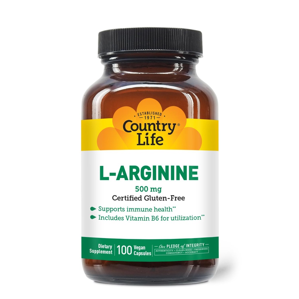 Country Life L-Arginine Caps mit Vitamin B-6, 500mg, 100 Vegan Capsules, Certified Gluten Free, Certified Vegan