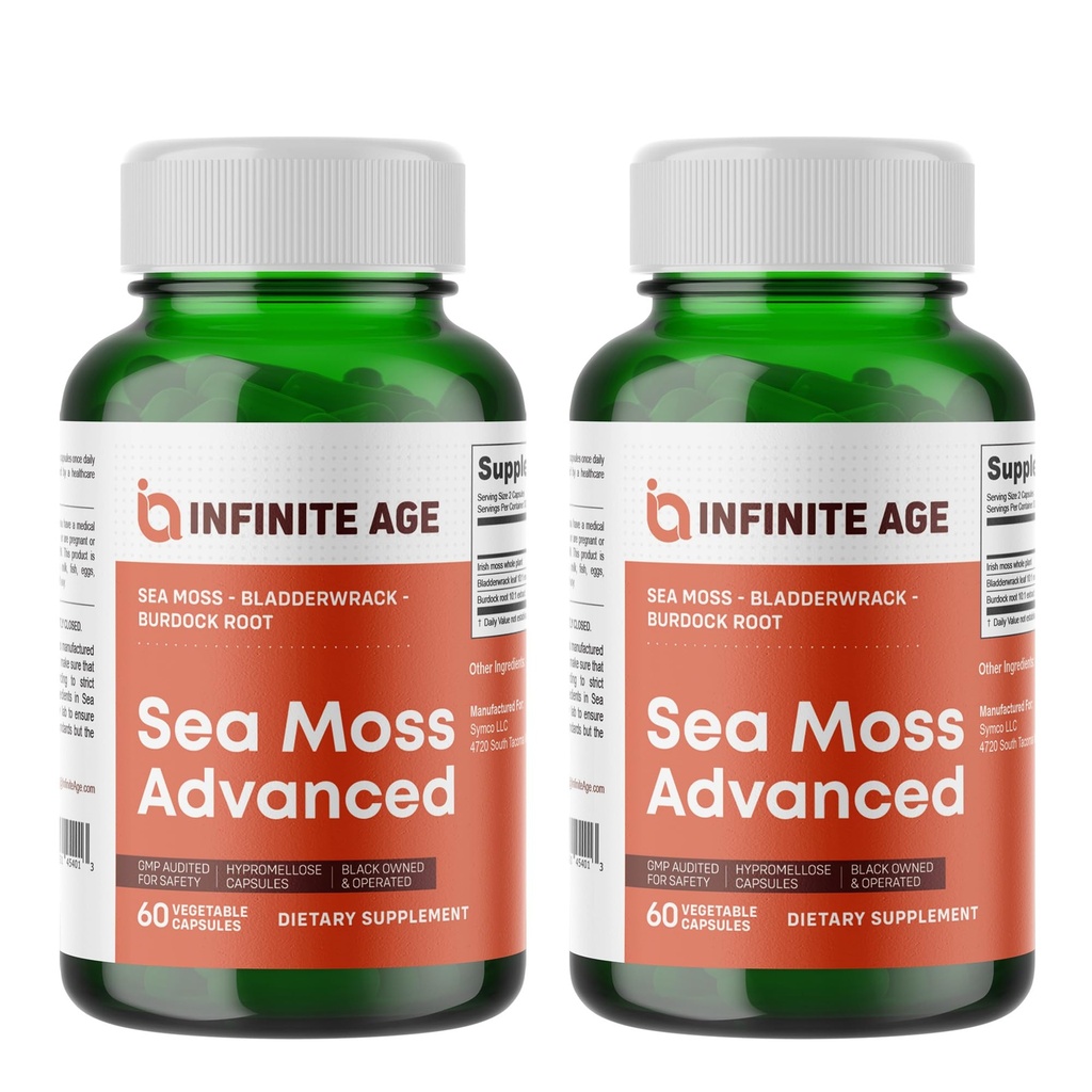 INFINITE AGE 2 Pack von 1250mg Sea Moss Advanced Superfood Capsules, 120 Count - High-Potency, Vegan, Made in the USA - Irish Seamoss, Bladderwrack, Burdock Root - Gesamtgesundheit, Immunitätsunterstützung