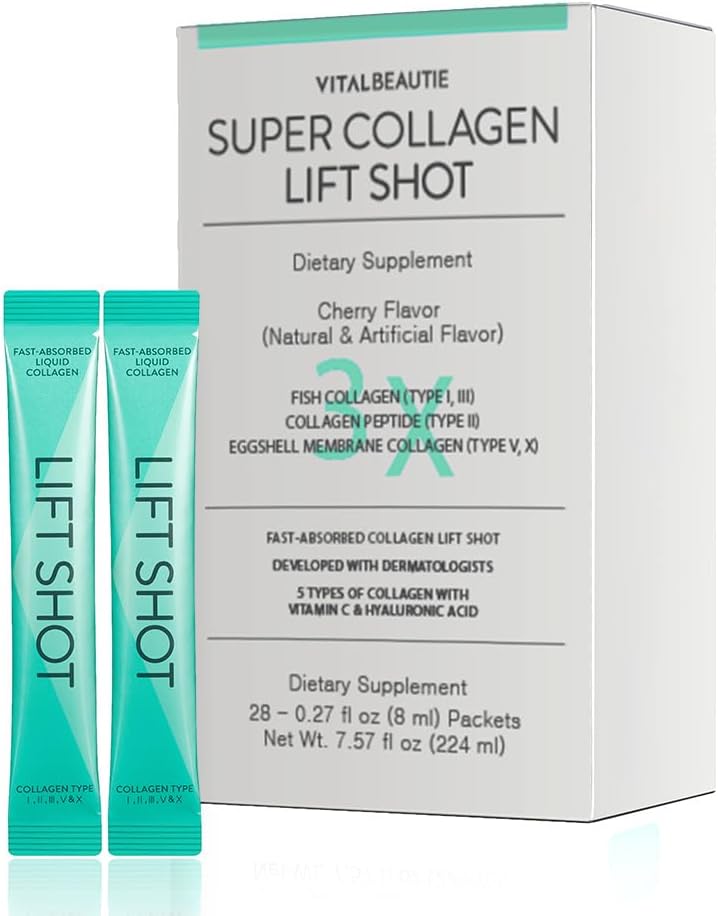 VITALBEAUTIE Collgen liquide pour femmes, SuperCollagen Lift Shot - Premium Multi Collagènes Peptides Type I, II, III, V, X 1500mg avec Hyaluronique, Vitamine C, Certifié tiers, Haute absorption