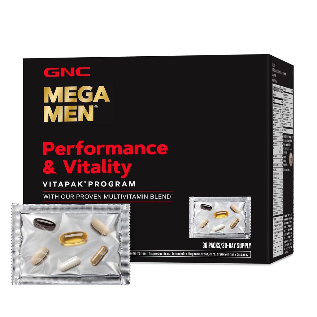 GNC Mega Men Performance and Vitality Vitapak Program for Men, Convenient Complete Nutrition, 5 Products in 1 Packet, Circulation, Blood Flow, Prostate Health, Stronger Drive, 30 Packs
