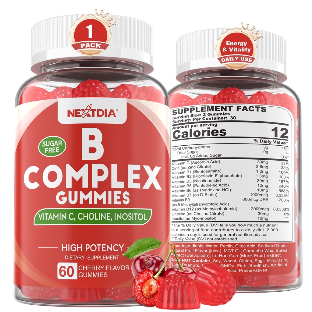 Vitamin B Complex Gummi, Vegan Vitamin B Gummi mit 2000 mcg Methyl B12, Methyl Folate | Plus Choline + Inositol, Vitamin C + Zink für unterstützt Energie, Stimmung, Immun, Gesundes Haar, Haut - 60 Cts