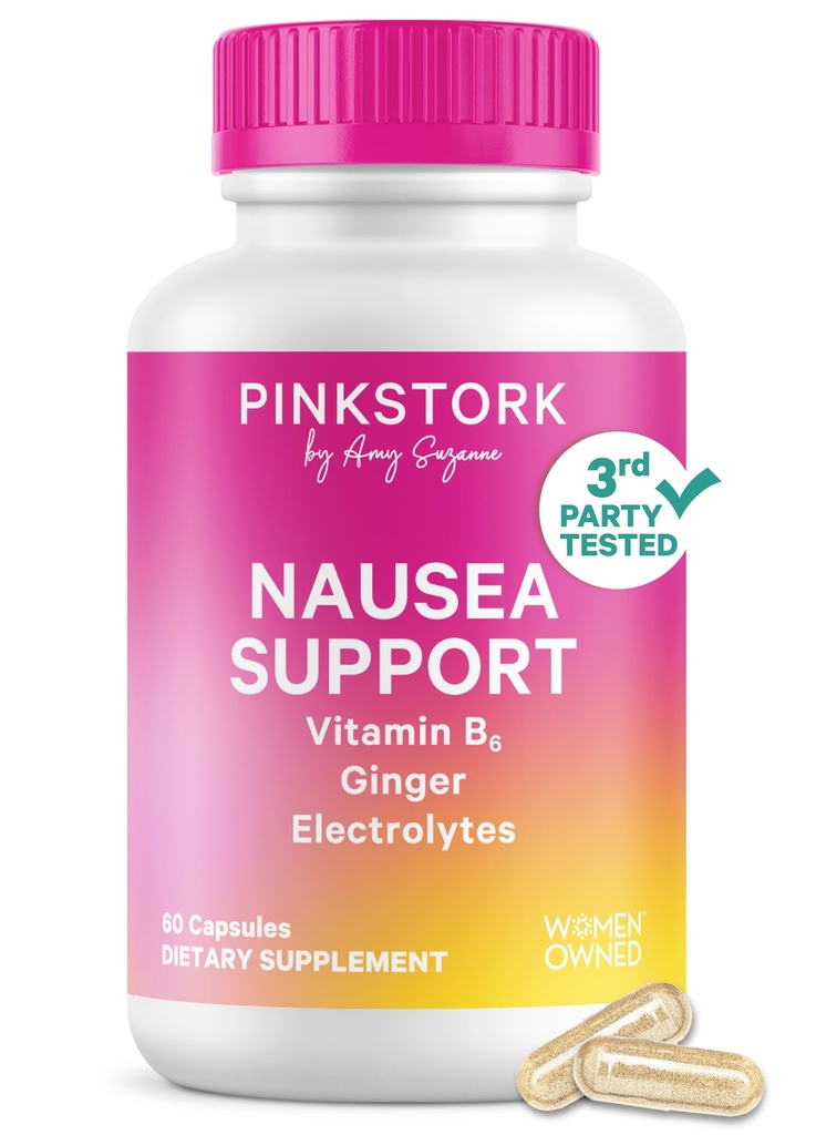 Pink Stork Vitamin B6, Ginger, Electrolyte Capsule - GLP1 Support - Natural Digestive Support with Peppermint, Potassium, Magnesium - Gentle on the Stomach - Motion Sickness Must Haves - 60ct