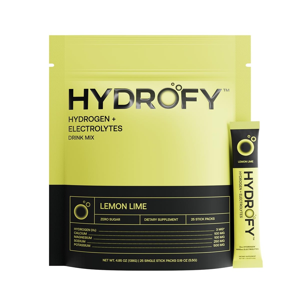 Hydrofy Hydrogen Wasser + Elektrolyte Trinkmischung | H2 Hydration Packets mit molekularem Wasserstoff, Natrium, Kalium, Magnesium, Calcium und Mineralien | Kein Zucker | Zitronenlime | 25 ct
