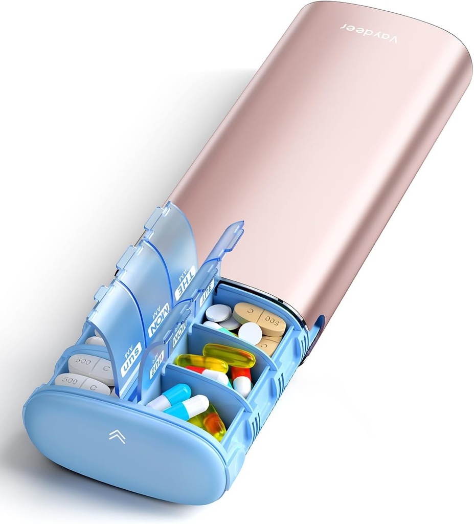 Vaydeer 7 Tage Wöchentliche Pille Organizer 2 Mal pro Tag, Metall Am Pm Reise Pille Fall, große Kapazität zweimal täglich niedliche Pille Box für Ergänzungen, Pillen, Vitamine und Medikamente (Rose Gold)