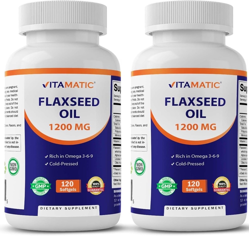 Vitamatic 2 Pack Flaxseed Oil 1200mg 120 aus kalt gepresstem Flax Seed - 675 mg ALA Omega 3 Fettsäuren zur Verbesserung der Herzgesundheit