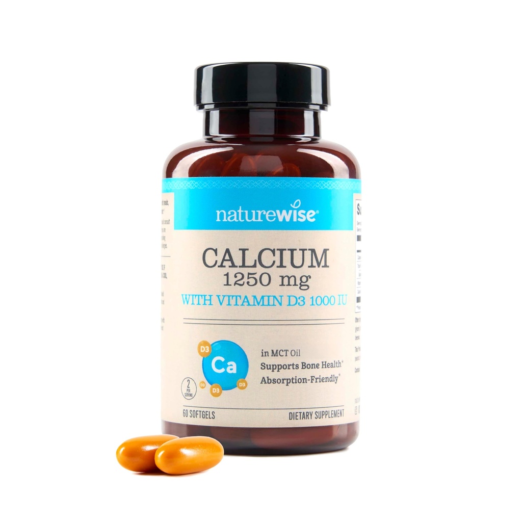 NatureWise High-Purity, All-Natural Calcium 1250mg + Vitamin D3 1000IU + Bio MCT Kokosöl - Schwangerschaftssicher + Non-GMO - Absorptionsfreundlich, Glutenfrei - 60 Softgels[30-Day Supply]