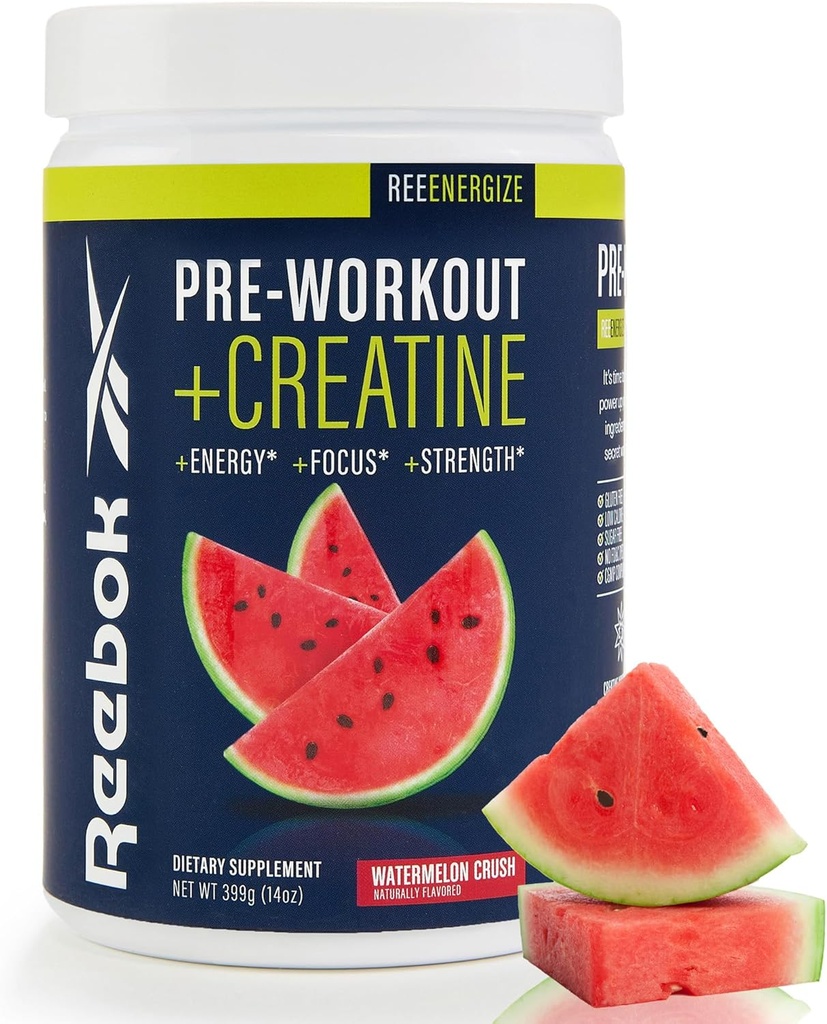 Reebok Pre-Workout Powder | 200mg Natural Caffeine, 3g Creatine Monohydrate | Clean Energy Pre Workout for Strength, Focus & Pump | Informed-Sport Certified | ReeEnergize | Watermelon Crush