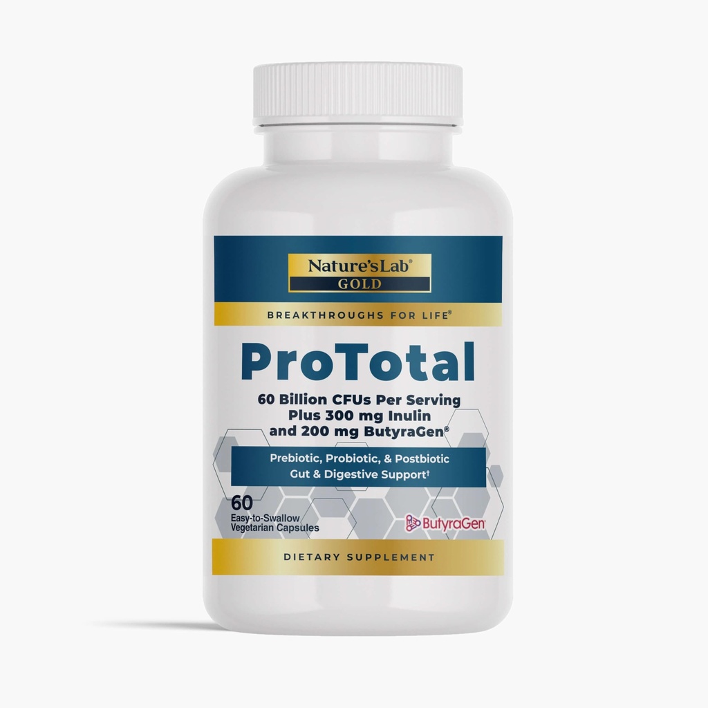Nature's Lab Gold ProTotal - 60 Billion CFU Probiotic, Prebiotic, Postbiotic, Synbiotic - mit Butyragen (Direct Butyrate Generator) 60 Ct